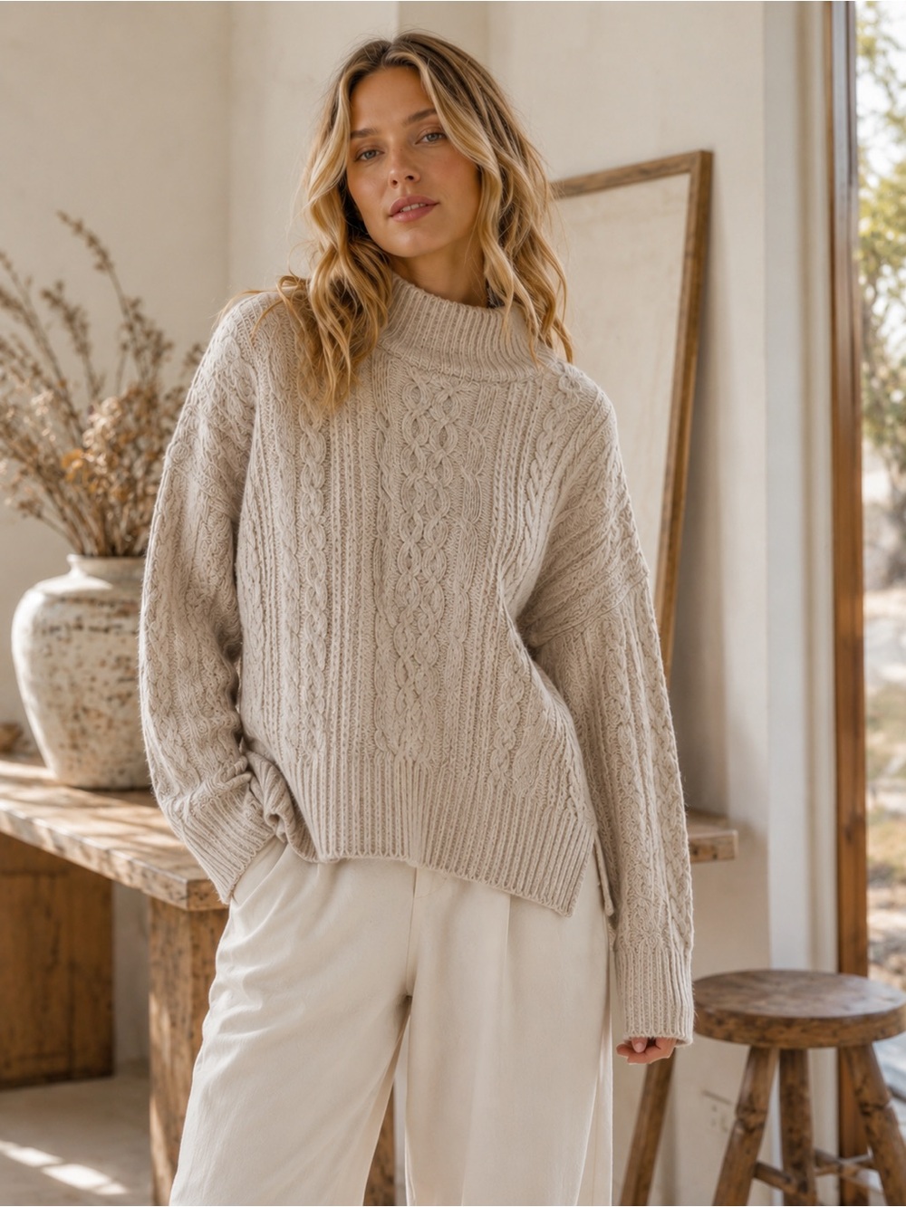 Vince Oatmeal Cable Knit Merino Wool Cashmere Mock Neck Sweater